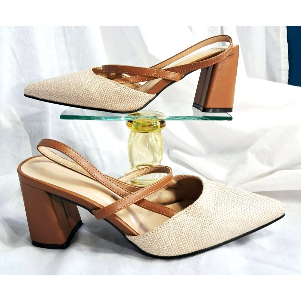 Women’s Point Toe Slingback Chunky Heels – Brown & Beige Linen  41 US 10 - Picture 3 of 10